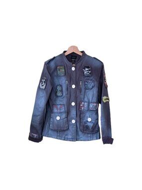 Custo Barcelona Patches Utility Jacket US 6 Sheen Blue Mandarin Collar LS Whimsy